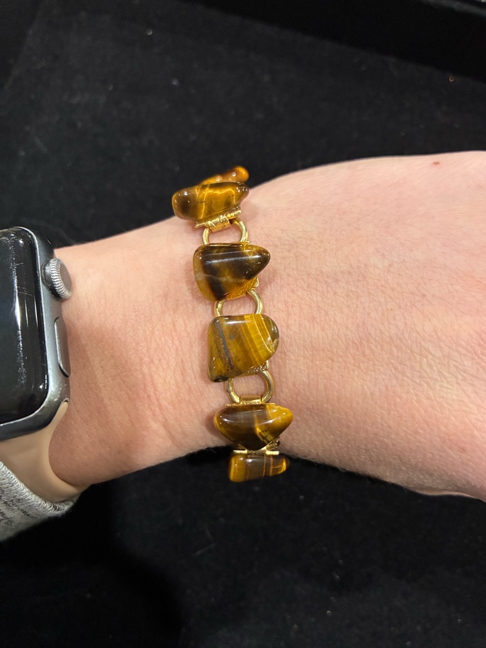 Vintage  Natural Tigers eye gold tone bookchain panel bracelet